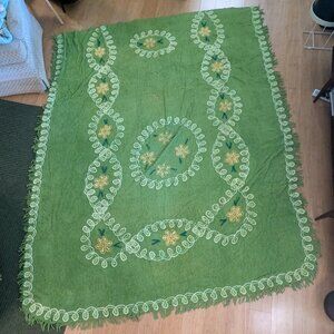 Vintage Avocado Green Floral Chenille Bedspread Full